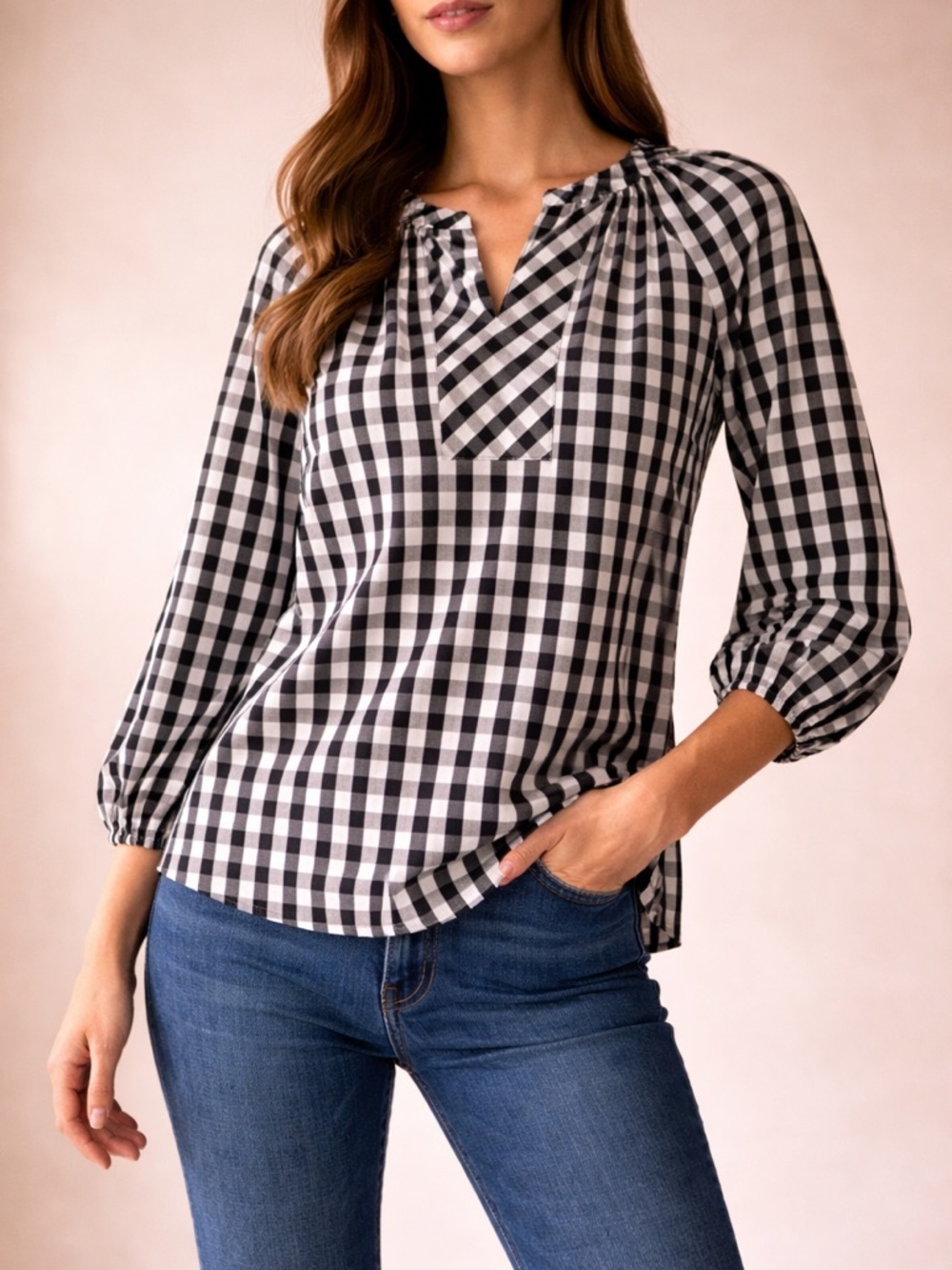 Chico’s Black White Gingham Blouse Preppy Classic Top Size 1